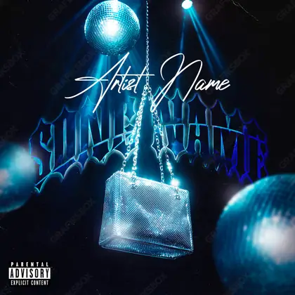Premade album cover “Shiny Club” — a city in frame — asphalt, storefronts and reflections in a blue palette