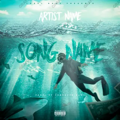 Portada de álbum prediseñada «Shark Deal» — una idea visual original sin equivalente cercano en el catálogo, en una gama azul
