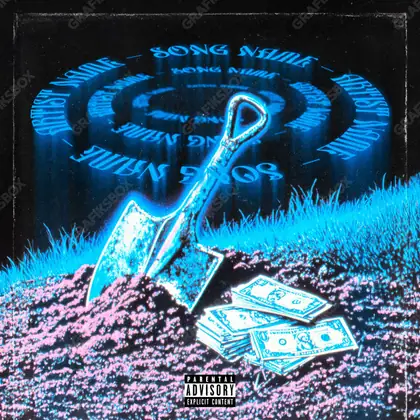 Premade album cover “Burial Cash” — expensive texture — metal, stones, gloss in a blue palette