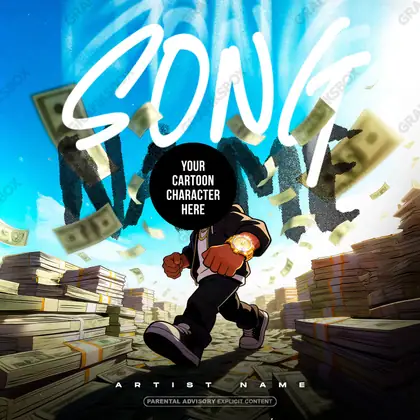 Premade album cover “Walking on Cash” — the props of wealth: gold, cash, shine in a blue palette