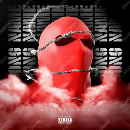 Premade album cover “Red Mask” — harsh imagery in a low-key frame in a red palette