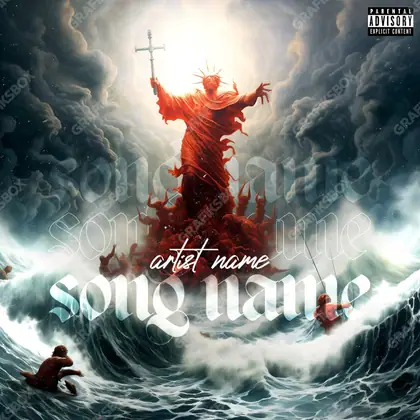 Portada de álbum prediseñada «Devil Fishing» — una escena sombría que mantiene la tensión, en una gama roja