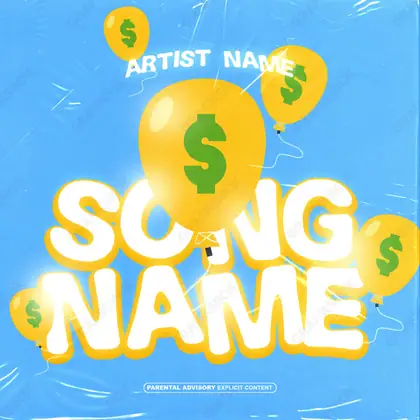 Premade album cover “Balloon Dollar” — expensive texture — metal, stones, gloss in cool blue tones