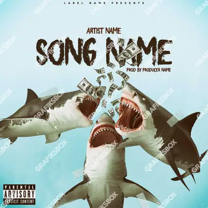 Portada de álbum prediseñada «Sharks» — una idea visual original sin equivalente cercano en el catálogo, en una gama azul