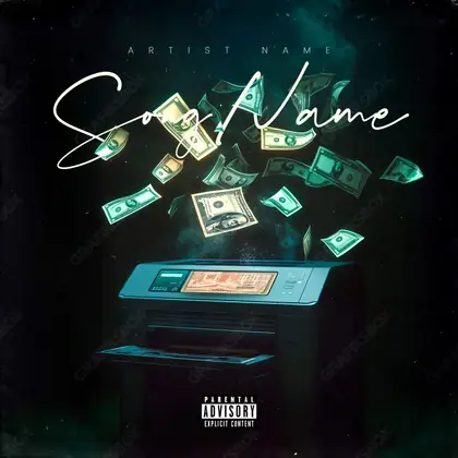 Premade album cover “Cash Printer” — a frame about status, gold under heavy light in a blue palette