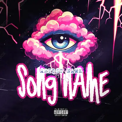Premade album cover “Eye of Evil” — a close portrait built around the eyes in pink shades