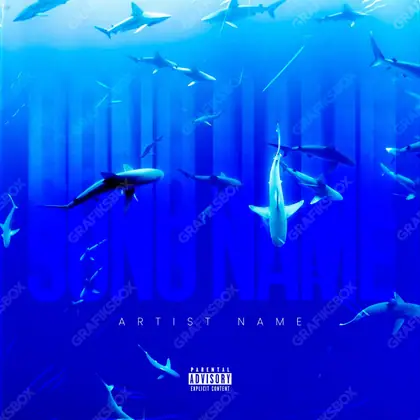 Portada de álbum prediseñada «Shark swarm» — una idea visual original sin equivalente cercano en el catálogo, en una gama azul