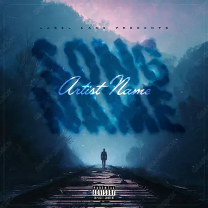 Premade album cover “Lone Road” — a city in frame — asphalt, storefronts and reflections in cool blue tones