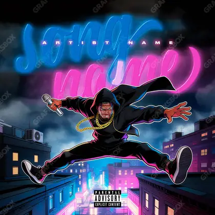 Portada de álbum prediseñada «Retro Rap» — cables y máquinas, estética VHS y digital temprano, en una gama azul
