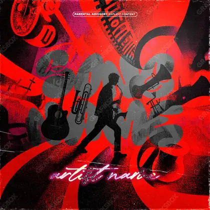 Portada de álbum prediseñada «Saxophonist» — una idea visual original sin equivalente cercano en el catálogo, en tonos rojos intensos