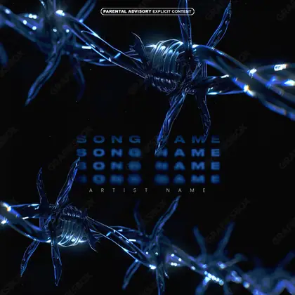 Portada de álbum prediseñada «Blue Wire» — equipo retro en cuadro: cintas, casetes, pantallas, en tonos azules fríos