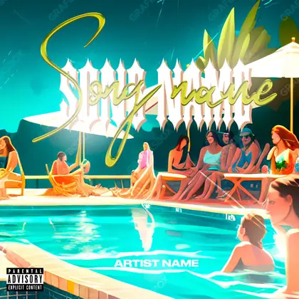 Portada de álbum prediseñada «Pool Party» — una idea visual original sin equivalente cercano en el catálogo, en una gama azul