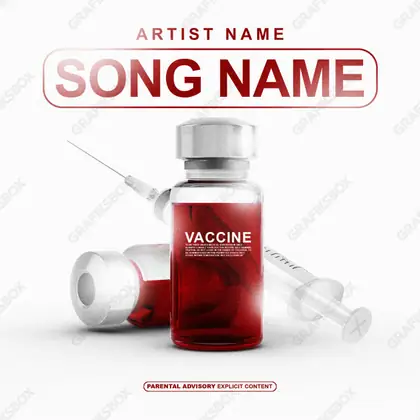 Portada de álbum prediseñada «Vaccine» — una idea visual original sin equivalente cercano en el catálogo, en tonos rojos intensos