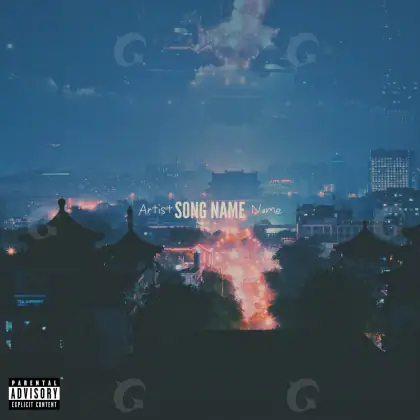 Portada para canción «Blue Building»: edificio y árbol; color azul