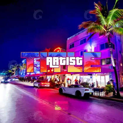 Arte de portada musical «Blue Building»: edificio y palmera; color azul