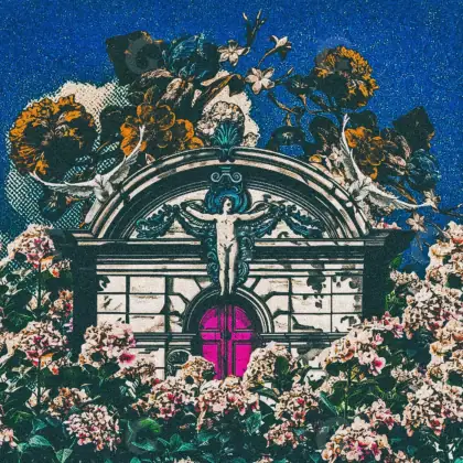 Music cover artwork “Blue Building”: building and flower, blue tones
