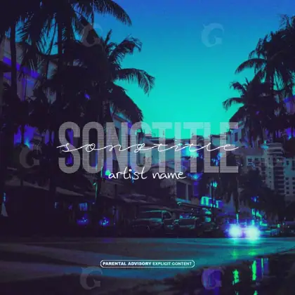 Portada para canción «Blue City»: ciudad y palmera; color azul