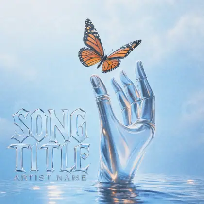 Arte de portada musical «Blue Hand»: mano y mariposa; color azul