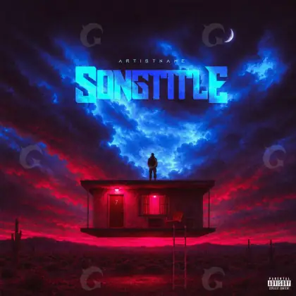 Music cover artwork “Blue Man”: man and house, blue tones