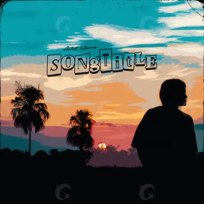 Portada para canción «Blue Silhouette»: silueta y palmera; color azul