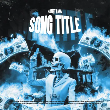 Album cover art “Blue Skeleton”: skeleton and cash, blue tones