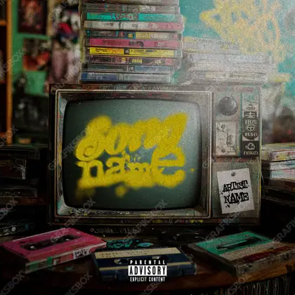 Portada de álbum prediseñada «Tv Ghetto» — equipo retro en cuadro: cintas, casetes, pantallas, en tonos dorados cálidos
