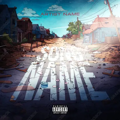 Premade album cover “Old Road” — a street scene with windows and late evening light in a blue palette