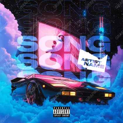 Portada de álbum prediseñada «Auto Cinema» — el capó, el asfalto y las luces de la autopista, en una gama azul