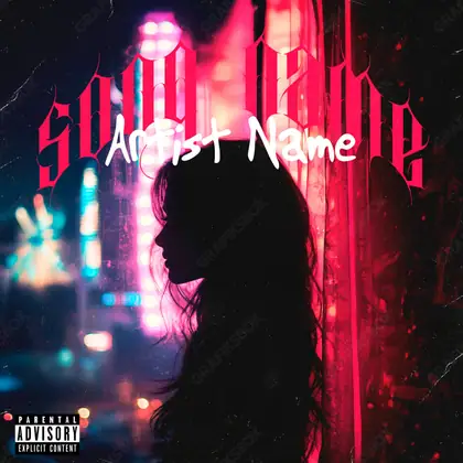 Premade album cover “Hotel Room” — a city in frame — asphalt, storefronts and reflections in deep red tones