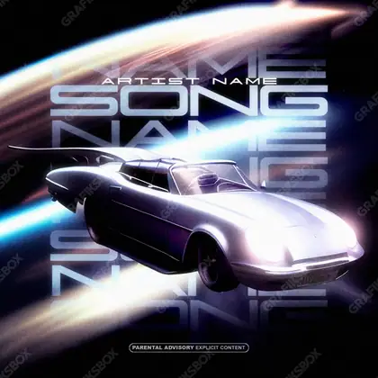 Portada de álbum prediseñada «Galaxy Race» — un auto en cuadro y sensación de velocidad, en tonos azules fríos