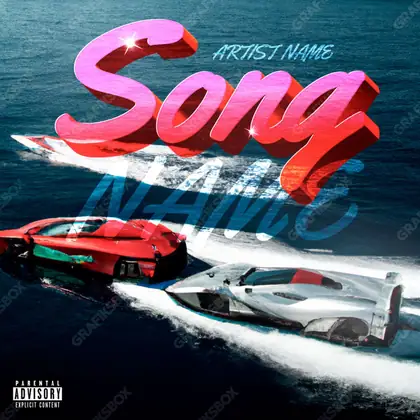 Portada de álbum prediseñada «Aquatic race» — un auto, la carretera y los faros del atardecer, en una gama azul