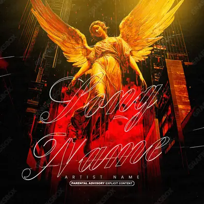 Premade album cover “Angel in the City” — a street scene with windows and late evening light in an orange palette