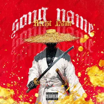 Premade album cover “Katana Man” — a male subject and a tight, deliberate composition in deep red tones