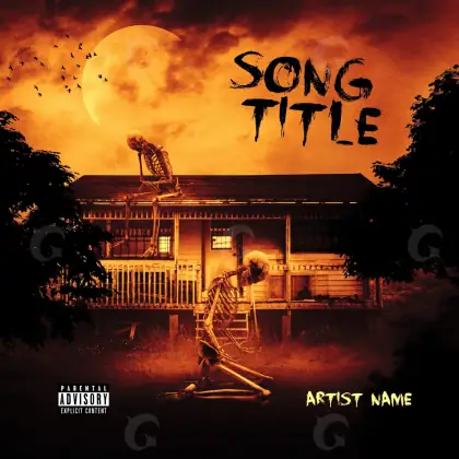Album cover art “Orange House”: house and skeleton, orange tones
