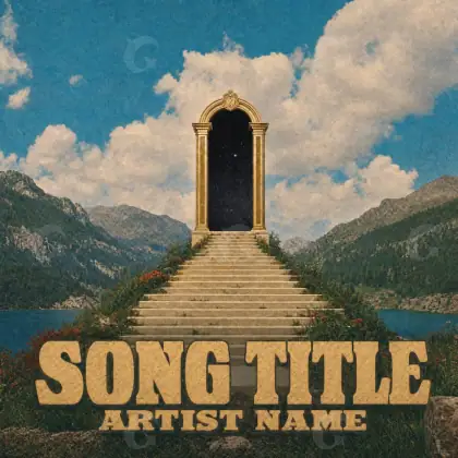 Arte de portada musical «Orange Mountain»: montaña y escalera; color naranja