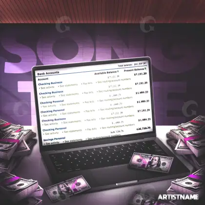 Music cover artwork “Purple Computer”: computer and cash, purple tones