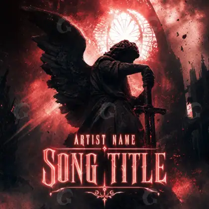 Music cover artwork “Red Angel”: angel and building, red tones