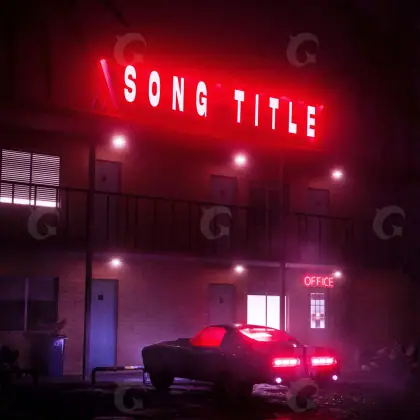 Обложка для песни «Red Car»: автомобиль и здание; палитра — красная