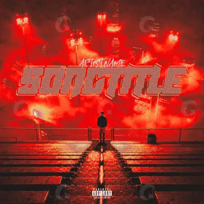 Portada para canción «Red Man»: hombre y escalera; color rojo