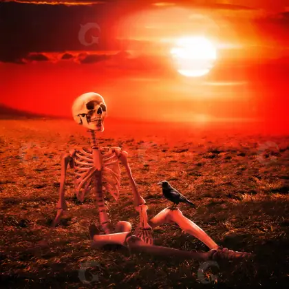 Premade cover art “Red Skeleton”: skeleton and bird, red tones