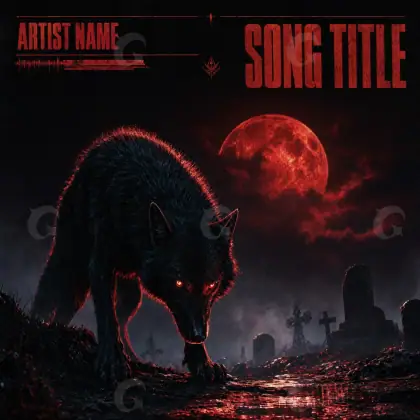 Arte de portada musical «Red Wolf»: lobo y luna; color rojo