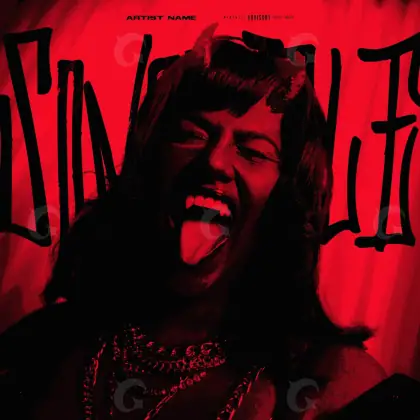 Portada para canción «Red Woman»: mujer y micrófono; color rojo