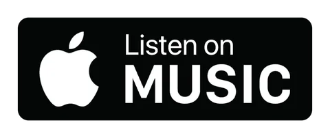 Плашка «Слушайте на» Apple Music (Apple Music) — чёрная версия, классический знак, PNG с прозрачным фоном