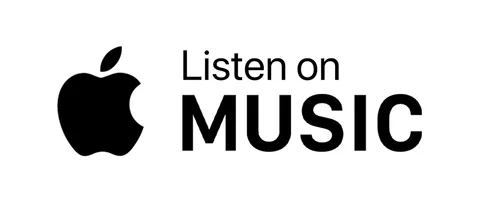 Плашка «Слушайте на» Apple Music (Apple Music) — белая версия, классический знак, PNG с прозрачным фоном