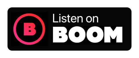 Плашка «Слушайте на» BOOM (BOOM) — чёрная версия, английская, PNG с прозрачным фоном