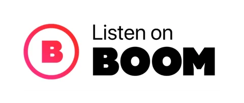 Плашка «Слушайте на» BOOM (BOOM) — белая версия, английская, PNG с прозрачным фоном