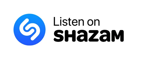 Плашка «Слушайте на» Shazam (Shazam) — белая версия, PNG с прозрачным фоном