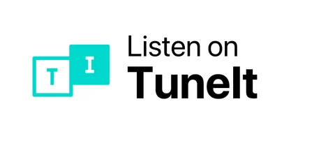 Плашка «Слушайте на» TuneIn (TuneIn) — белая версия, PNG с прозрачным фоном