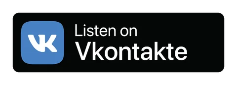 Плашка «Слушайте на» ВКонтакте (VK Music) — чёрная версия, английская, PNG с прозрачным фоном
