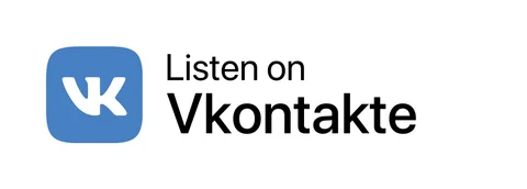 Плашка «Слушайте на» ВКонтакте (VK Music) — белая версия, английская, PNG с прозрачным фоном